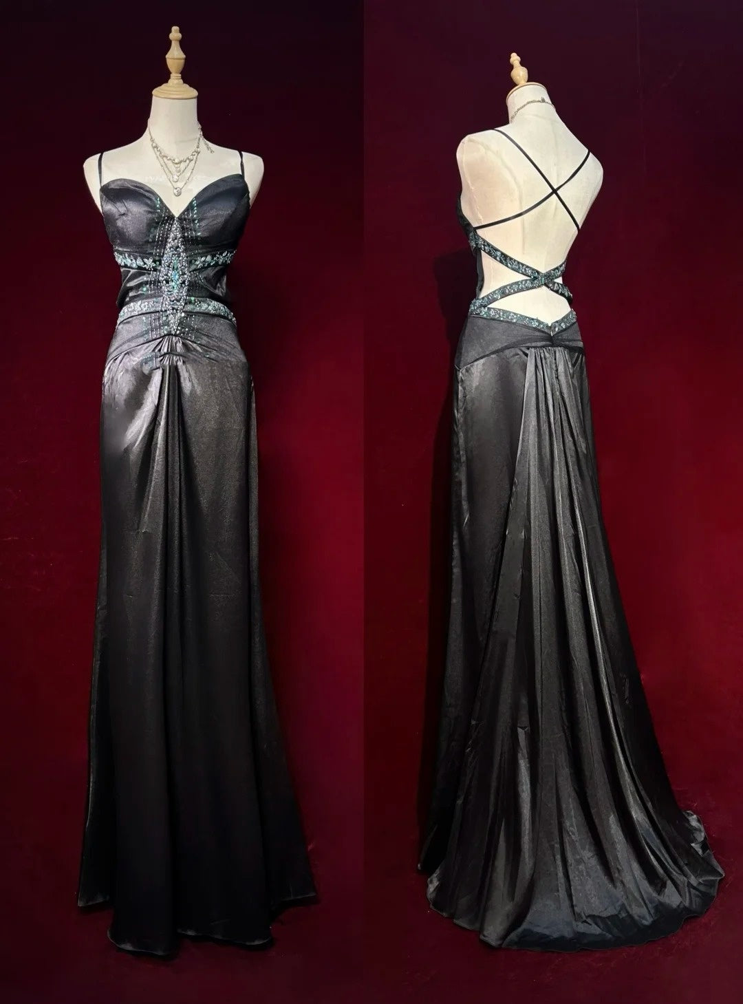 Black Prom Dress Inspo Mermaid Spaghetti Straps Satin With Beaded Backless Birthday Outfits Formal Party Gown RC0122