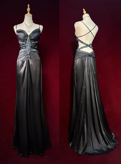 Black Prom Dress Inspo Mermaid Spaghetti Straps Satin With Beaded Backless Birthday Outfits Formal Party Gown RC0122