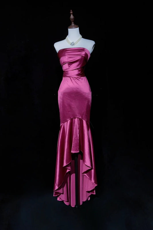 Vintage Prom Dresses Mermaid Strapless Fuchsia Satin High Low 1990s Formal Evening Gown N2650