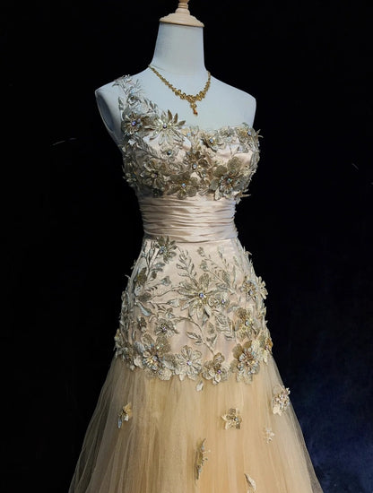 Vintage Prom Dresses Inspo Mermaid One Shoulder Tulle Gold 90s With Appliqued Formal Gowns N3343