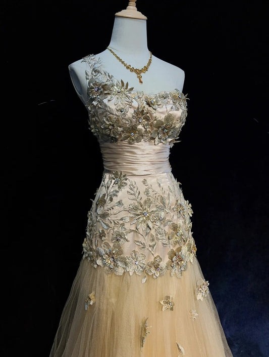 Vintage Prom Dresses Inspo Mermaid One Shoulder Tulle Gold 90s With Appliqued Formal Gowns N3343