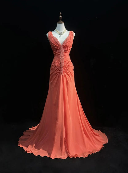 Vintage Prom Dresses 2000s Mermaid V Neck Orange Chiffon With Ruffled Beading Long Prom Gown N3093