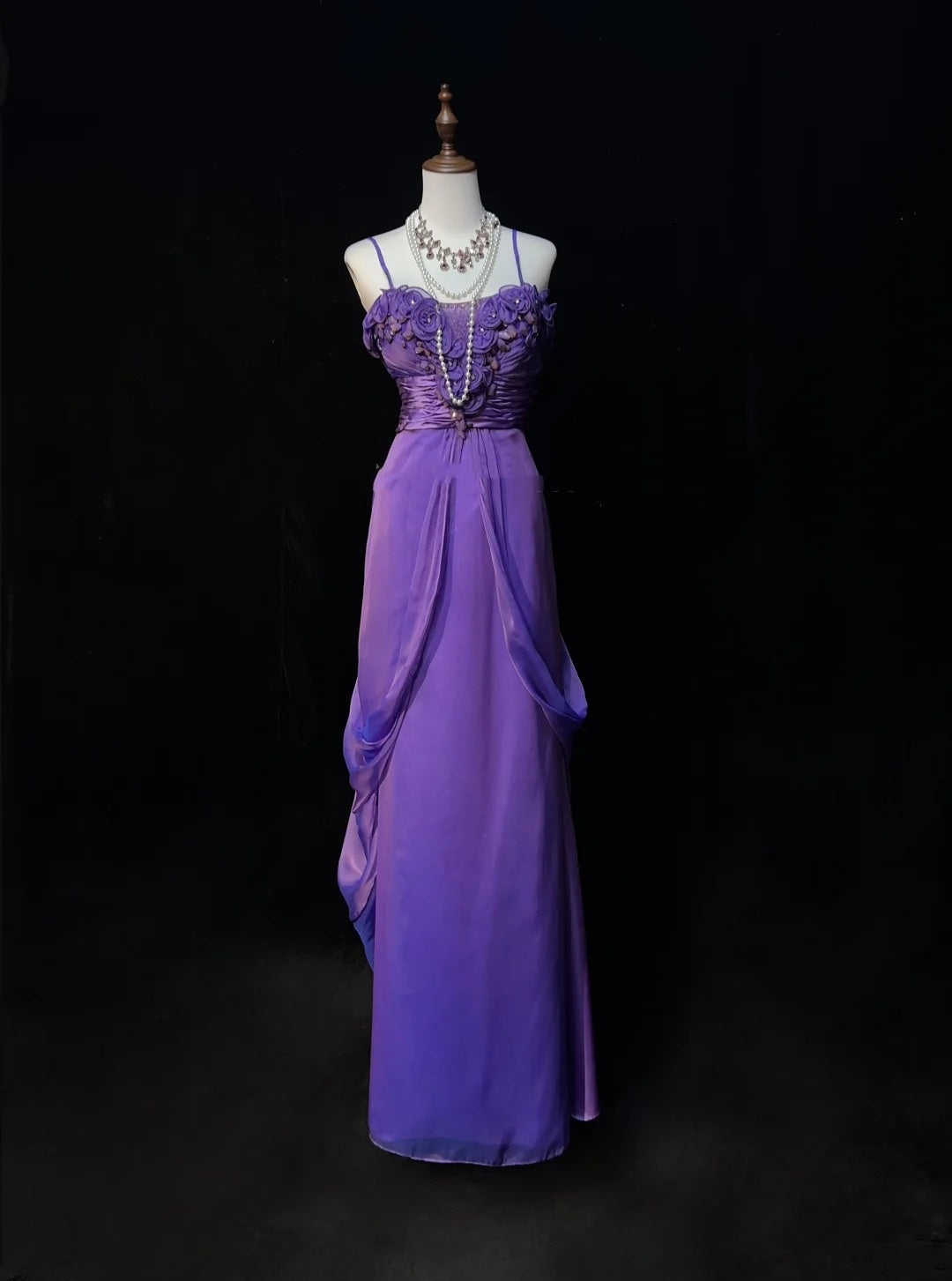 Vintage Prom Dresses A line Spaghetti Strap Grape Chiffon Sleeveless 1980s Long Formal Evening Gown N2631