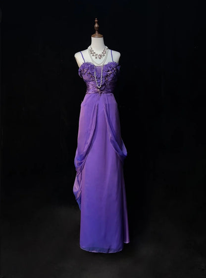 Vintage Prom Dresses A line Spaghetti Strap Grape Chiffon Sleeveless 1980s Long Formal Evening Gown N2631
