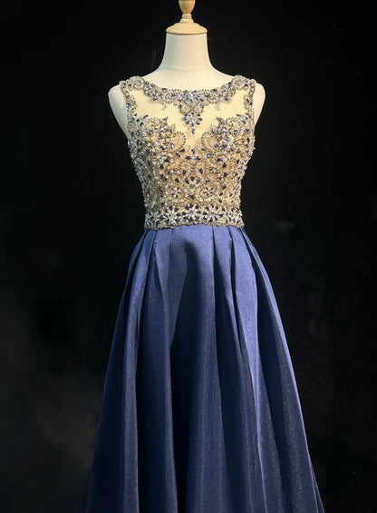 Vintage Prom Dresses A line Scoop Navy Blue Satin 80s With Beading Long Formal Evening Outfits N4220