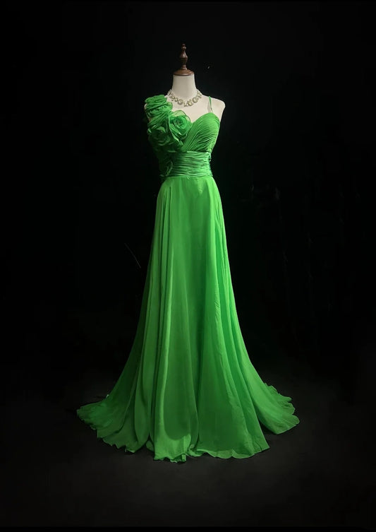 Vintage Prom Dresses 1960s A line Spaghetti Strap Green Chiffon With Flowers Sleeveless Prom Dresses Evening Formal Outfits RB5131