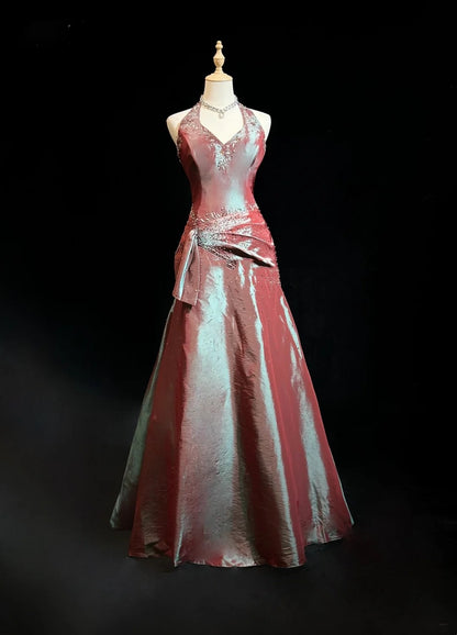 Vintage Prom Dresses 1980s Ball Gown Halter Floor Lenngth Satin With Pleated Beading Evening Outfits N3126