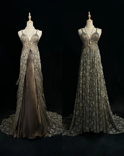 Grey Prom Dress Inspo A Line Spaghetti Straps Lace With Beading Long Formal Party Gown RC0095