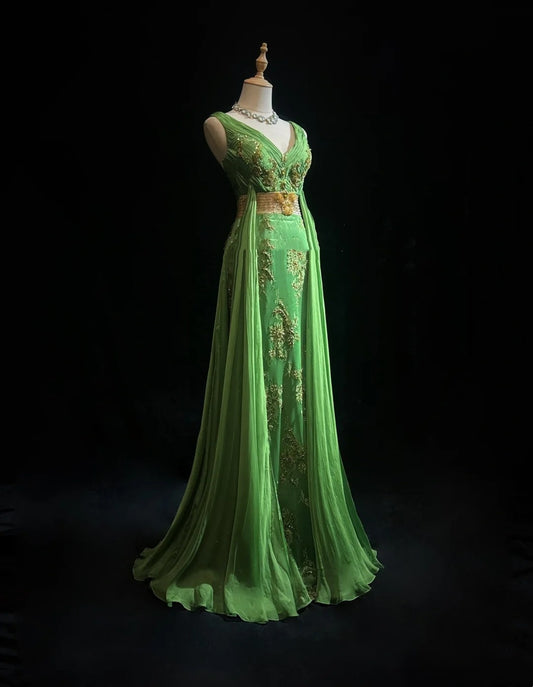 Vintage Prom Dresses Mermaid V Neck Chiffon Green With Beaded Appliqued 80s Long Formal Gown N2732