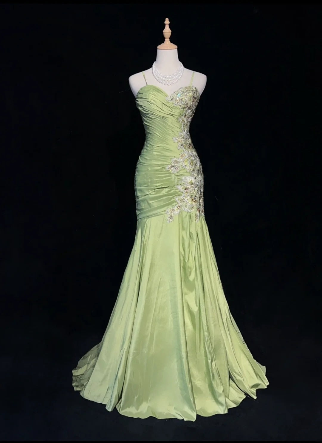 Vintage Prom Dresses Mermaid Spaghetti Strap Sage Green With Appliques 80s Long Formal Gown N2728