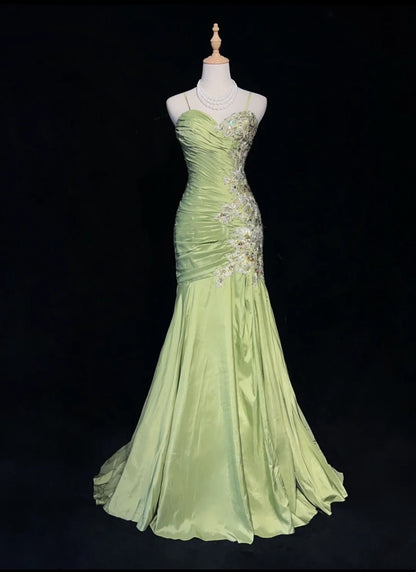 Vintage Prom Dresses Mermaid Spaghetti Strap Sage Green With Appliques 80s Long Formal Gown N2728