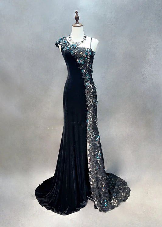 Vintage Prom Dresses Mermaid One Shoulder Black Velvet Sequin With Split Long 70s Formal Gown N2579