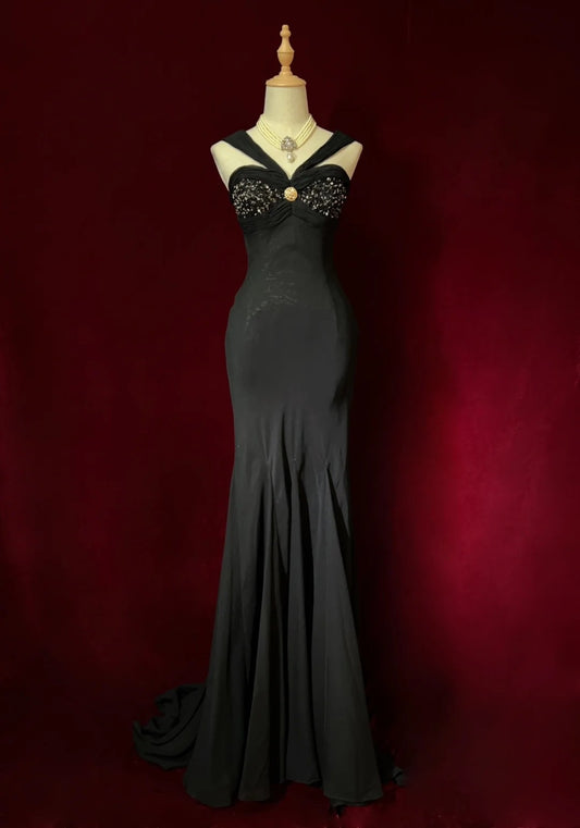 Vintage Prom Dresses Inspo Mermaid 90s Halter Black Tie Dress Chiffon For Women Formal Dress N3302