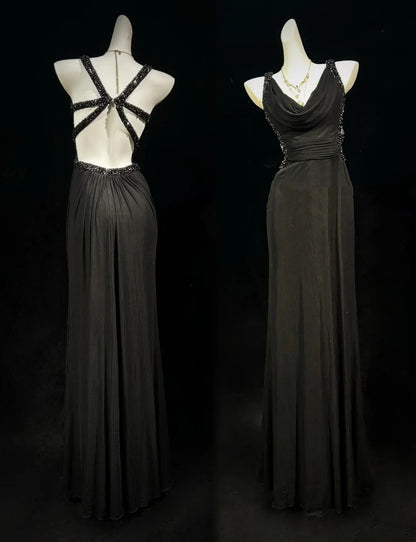 Black Prom Dress Inspo Mermaid Cowl Neck Backless With Beading 18th Birthday Outfits Formal Party Gown RC0127