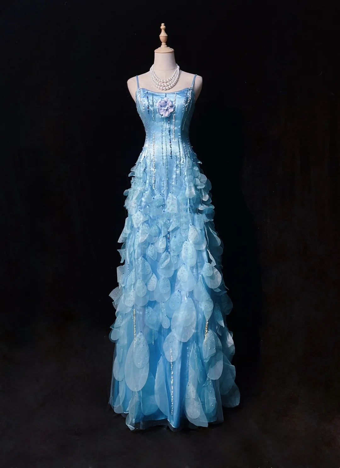 Blue Prom Dress Inspo A Line Spaghetti Straps With Beading Modest Long Formal Party Gown RC0083