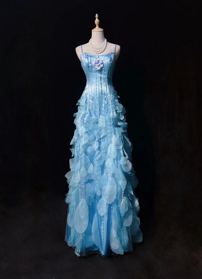 Blue Prom Dress Inspo A Line Spaghetti Straps With Beading Modest Long Formal Party Gown RC0083