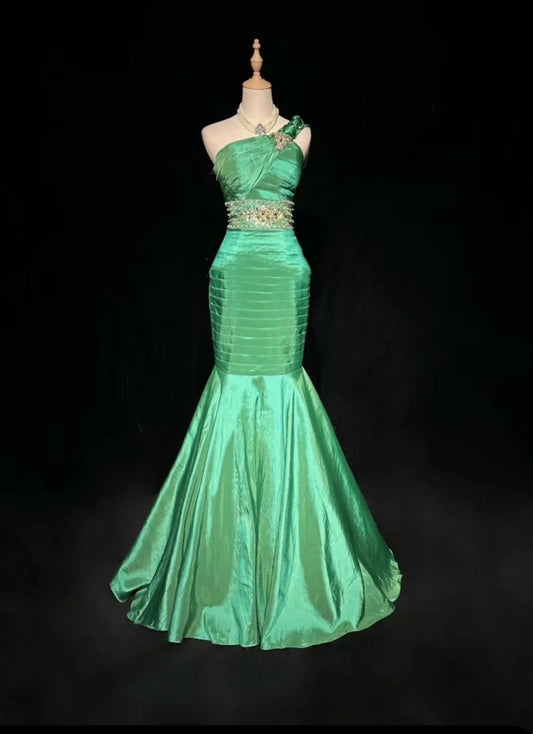 Vintage Prom Dresses Mermaid One Shoulder Green Pleated 90s Long Formal Evening Gown N2647
