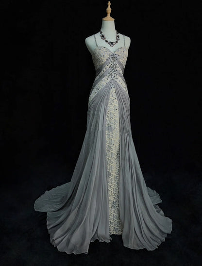Vintage Prom Dresses Inspo Mermaid Spaghetti Strap Grey Lace 90s With Lace Sequined Formal Gowns N3348