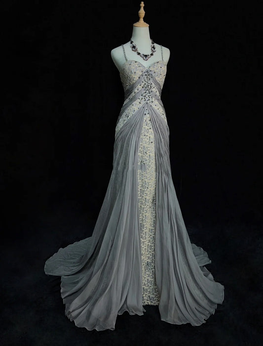 Vintage Prom Dresses Inspo Mermaid Spaghetti Strap Grey Lace 90s With Lace Sequined Formal Gowns N3348