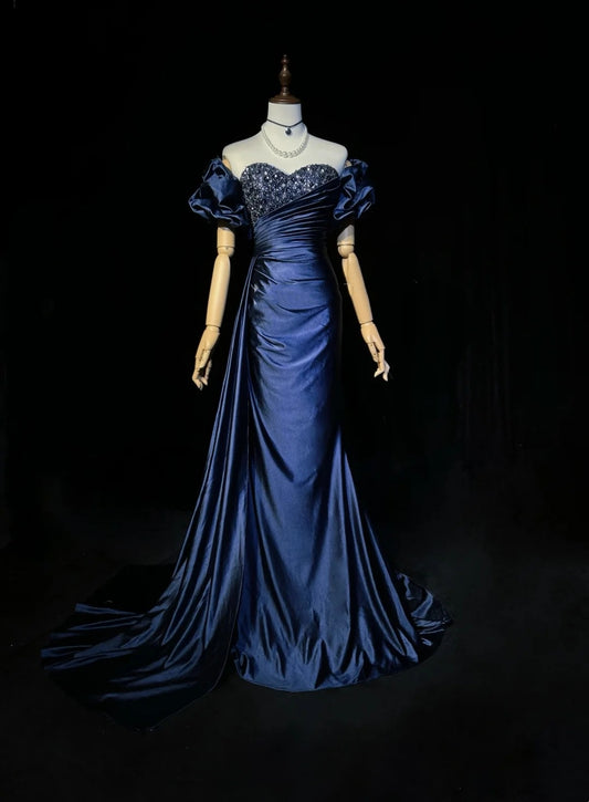 Vintage Prom Dresses Mermaid Sweetheart Navy Blue Satin With Beaded Sleeves 90s Long Formal Evening Gown N2657