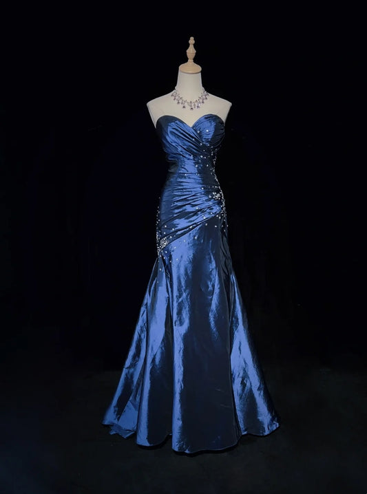 Vintage Prom Dresses 90s Mermaid Sweetheart Navy Blue Satin Long With Beading Evening Outfits N3135