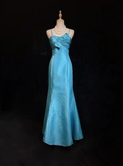 Vintage Prom Dresses Mermaid Spaghetti Straps Blue Taffeta 2000s Party Evening Formal Gown RC1138