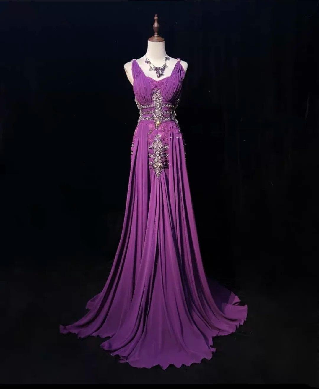 Vintage Prom Dresses A Line V Neck Purple Chiffon With Beading Folds Long Formal Dress N2460