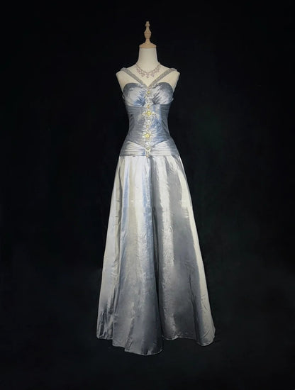 Vintage Prom Dresses Inspo A line Halter Grey Drop Waist Satin 80s Long Formal Gowns With Beads N2863
