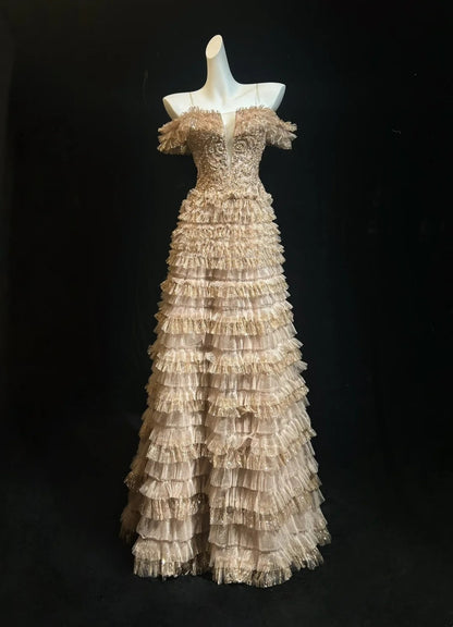 Vintage Prom Dresses A line Spaghetti Strap Gold Lace With Sleeves 80s Evening Formal Dress RB3268