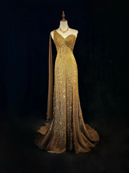Vintage Mermaid 2000s One Shoulder Gold Sequin Formal Dress Long Sparkly Prom Dresses N2574