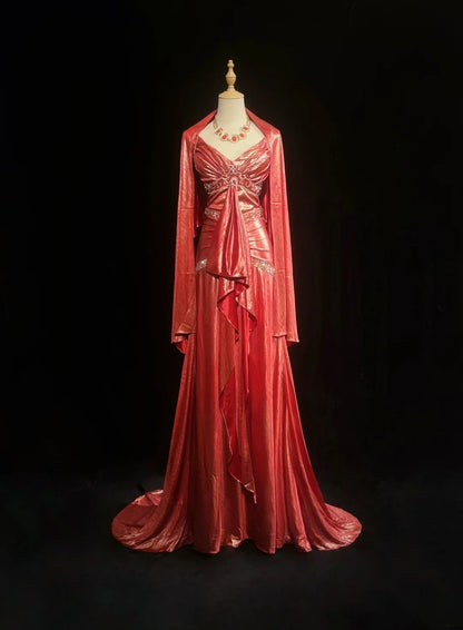Classy A line Straps Coral With Beading Folds Sleeveless Long Formal Dress Gown With Cape Prom Dresses N2448