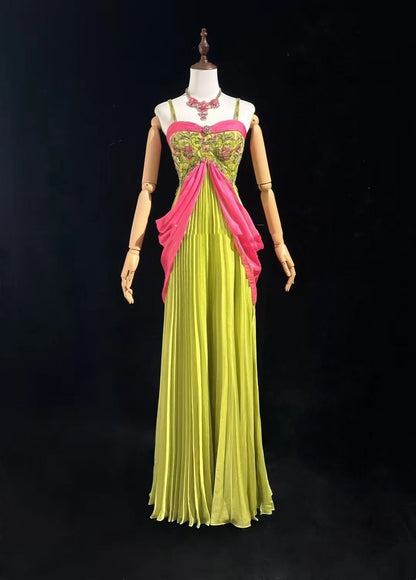 Vintage Prom Dresses A line Spaghetti Strap Pink Green Chiffon With Beading 1960s Long Formal Gown N2610