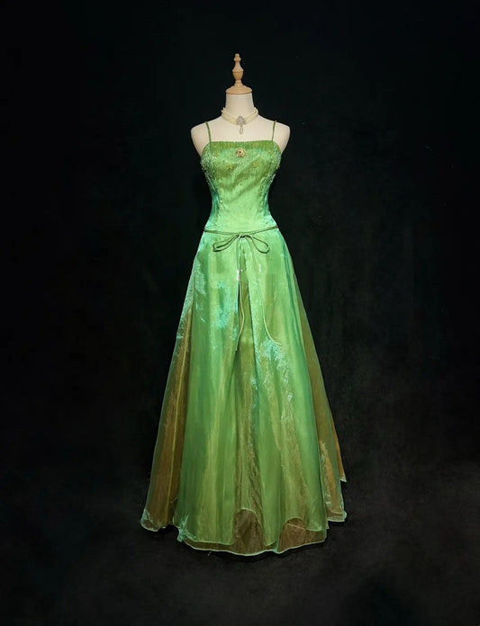 Elegant Prom Dresses Ball Gown Spaghetti Strap Green Organza With Beaded Long Formal Gown N2914