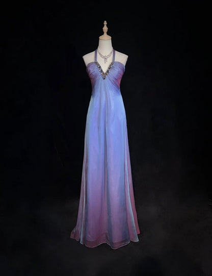 Elegant Prom Dresses A line Halter Gradient Colors Grape Chiffon With Beaded Sleeveless Long Formal Gown N2894