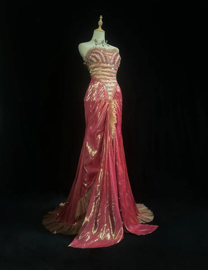 Glamorous Prom Dresses Mermaid Sweetheart Pink With Beaded Sleeveless Formal Dress N2871