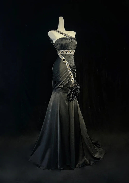 Vintage Mermaid One Shoulder Black Tie Dress Evening Long Prom Dresses Formal Outfits RB3936