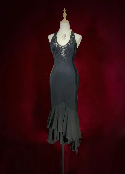 Vintage Prom Dresses Mermaid Halter Black Chiffon Tea Length Sleeveless 1980s Formal Dress N2869