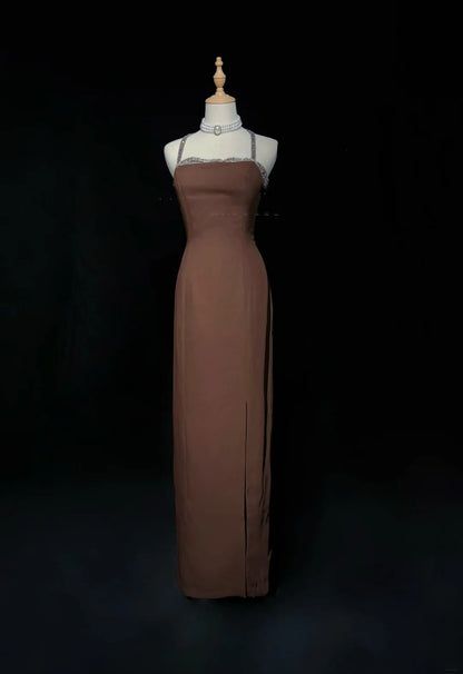 Vintage Prom Dresses A line Spaghetti Strap Brown Chiffon Long 70s Formal Gown N2578