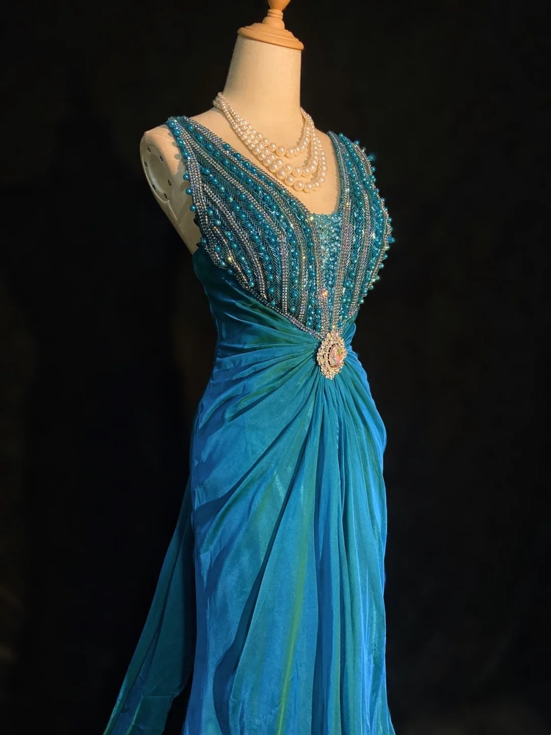 Modest Prom Dresses Mermaid V Neck Blue Chiffon Corset Back Floor Length Formal Evening Outfits N3483