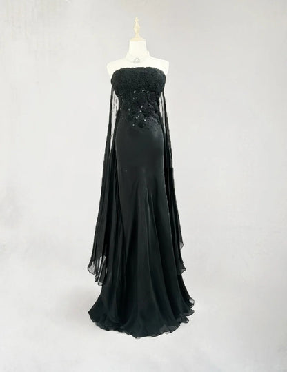 Classy Prom Dresses Mermaid Strapless Chiffon Black Tie Dress With Cape Long Formal Evening Outfits N3703