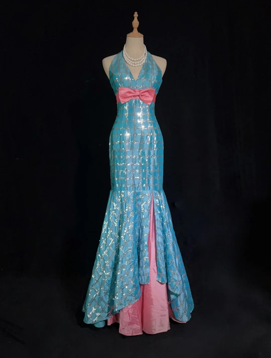 Vintage Prom Dresses Mermaid V Neck Blue Sequin Sleeveless 1980s Long Formal Gown N2866