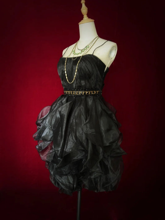 Cute Ball Gown Spaghetti Strap Little Black Dress Short Mini 16th Birthday Gown Homecoming Outfits N3641