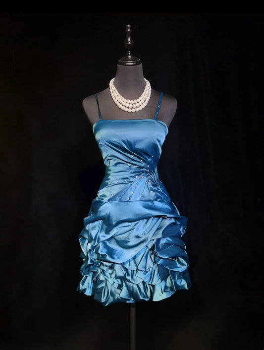 Vintage Sheath Spaghetti Strap Blue Satin Ruffled Y2K 2000s Short Mini Homecoming Dresses N3111