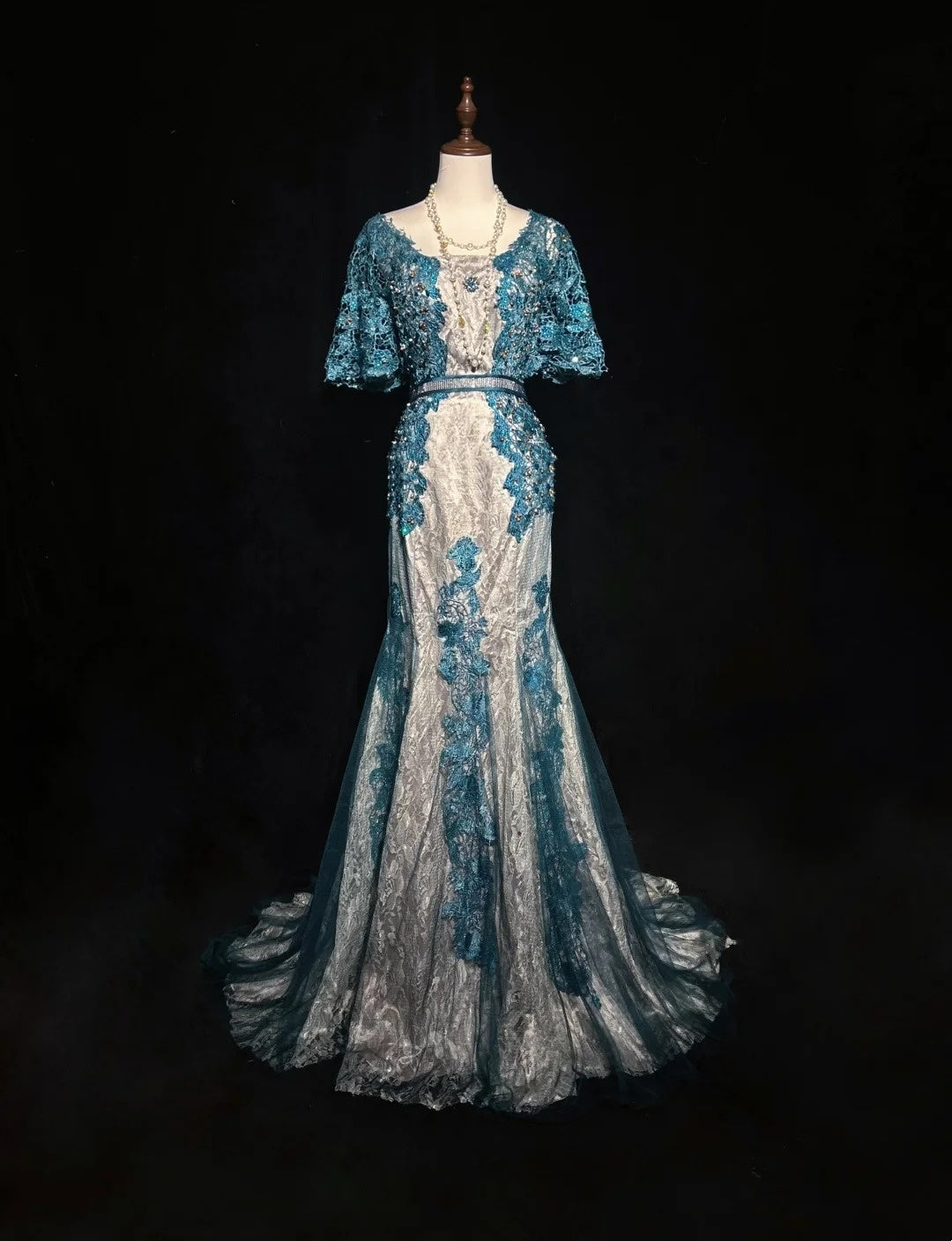 Vintage Prom Dresses Inspo Mermaid Lace Blue Tulle Lace 80s With Appliqued Formal Gowns N3366