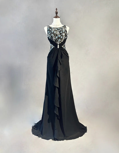 Beautiful Prom Dresses Mermaid Scoop Neck Black Tie Dress Chiffon With Beaded Bodice Long Evening Outfits N3364