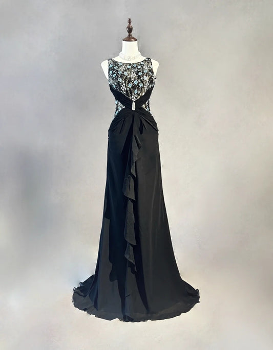Beautiful Prom Dresses Mermaid Scoop Neck Black Tie Dress Chiffon With Beaded Bodice Long Evening Outfits N3364