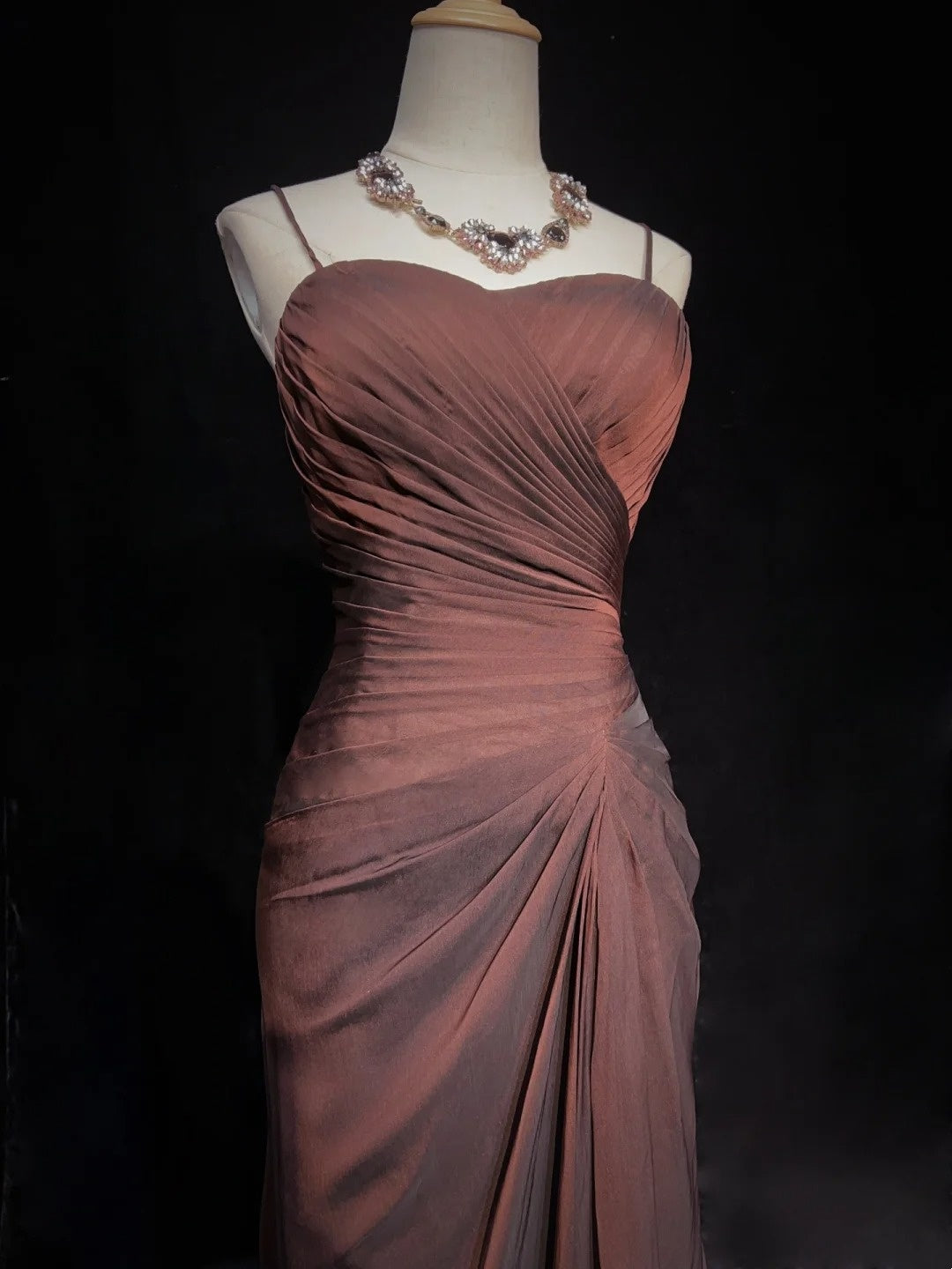 Modest Prom Dresses Mermaid Spaghetti Strap Brown Sleeveless With Ruffled Formal Evening Dress N3838