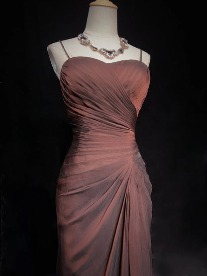 Modest Prom Dresses Mermaid Spaghetti Strap Brown Sleeveless With Ruffled Formal Evening Dress N3838