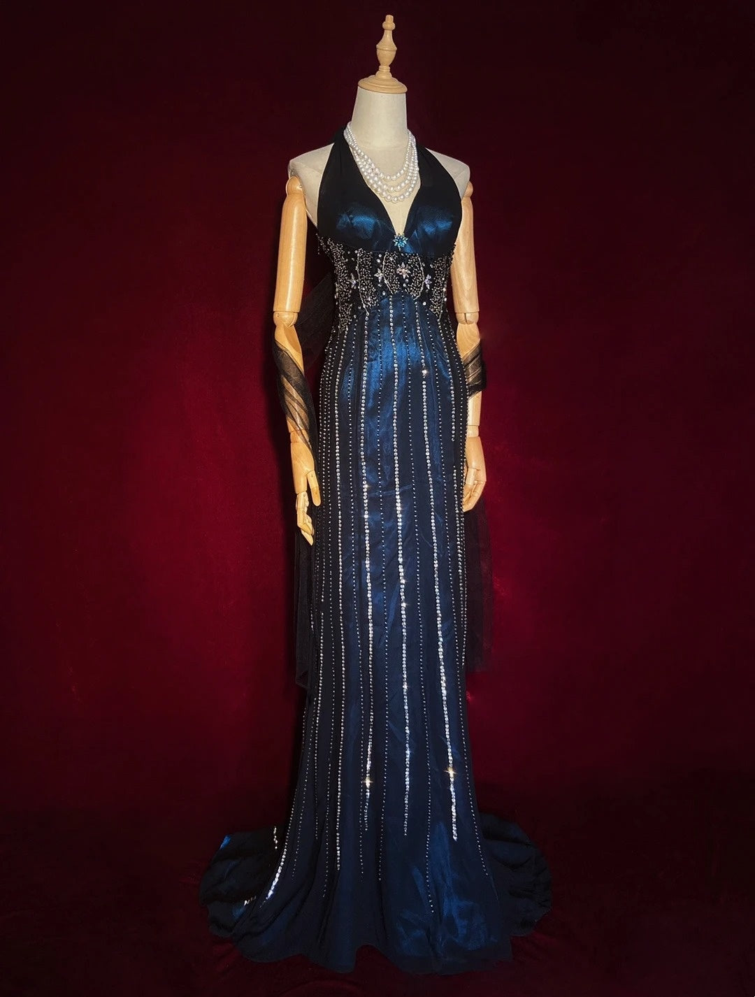Sparkly Prom Dresses Inspo Mermaid 90s Halter Neck Dark Navy Blue With Beads For Women Formal Dress N3273