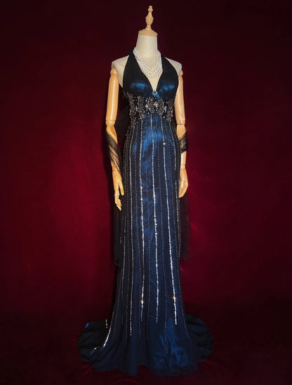 Sparkly Prom Dresses Inspo Mermaid 90s Halter Neck Dark Navy Blue With Beads For Women Formal Dress N3273